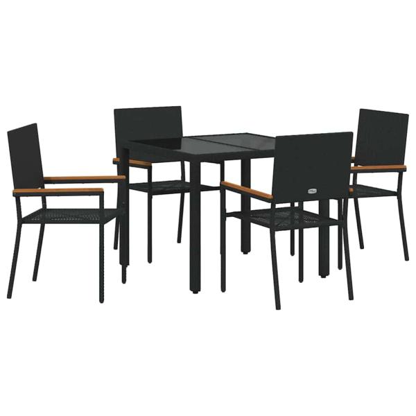 5-teiliges Garten Esszimmer Set Schwarz Poly Rattan, stapelbare Gartenstühle mit Kissen - 2-teiliges Set in Schwarz Poly Rattan