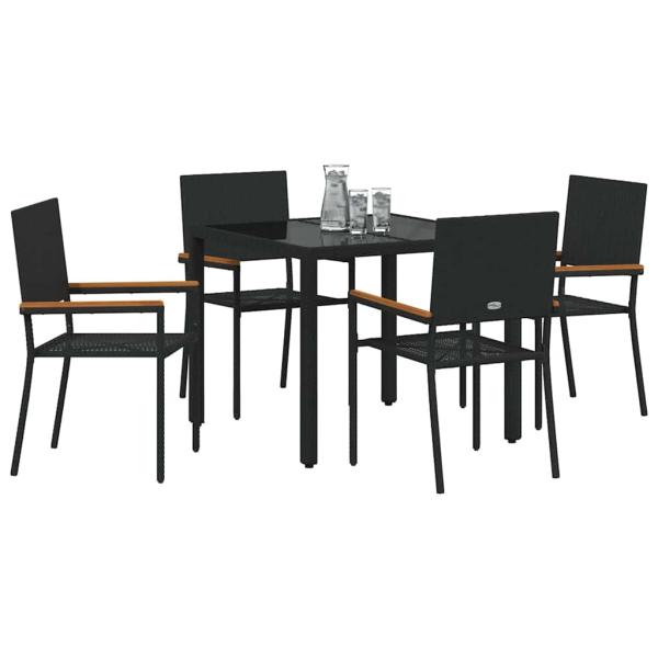 5-teiliges Garten Esszimmer Set Schwarz Poly Rattan, stapelbare Gartenstühle mit Kissen - 2-teiliges Set in Schwarz Poly Rattan