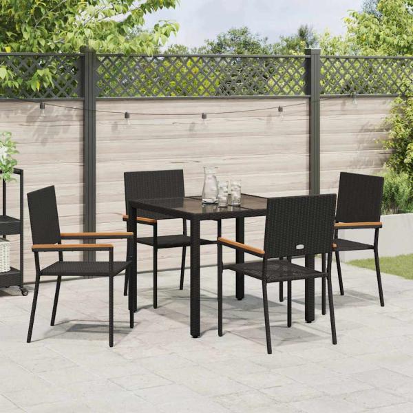 5-teiliges Garten Esszimmer Set Schwarz Poly Rattan, stapelbare Gartenstühle mit Kissen - 2-teiliges Set in Schwarz Poly Rattan