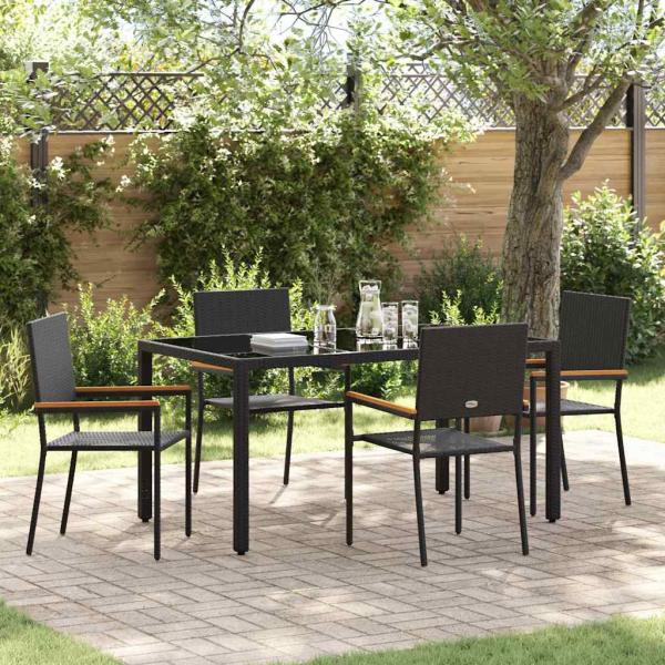 ARDEBO.de - 5-teiliges Garten Esszimmer Set Schwarz Poly-Rattan, Stapelbare Gartenstühle mit Kissen - 2-teiliges Set in Schwarz Poly-Rattan
