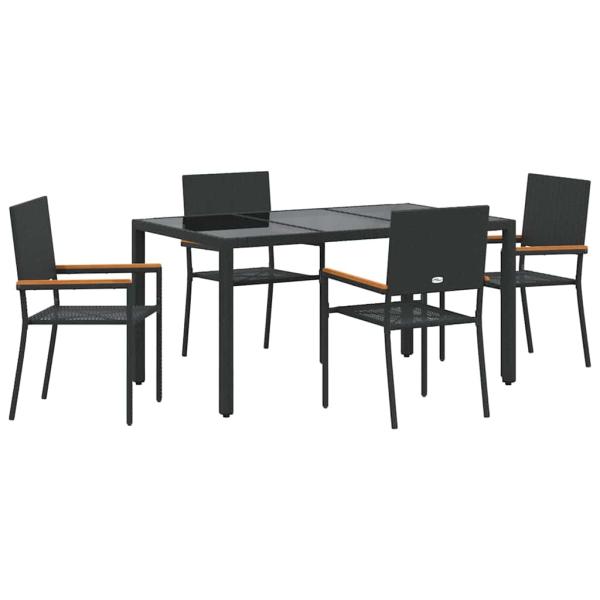 5-teiliges Garten Esszimmer Set Schwarz Poly-Rattan, Stapelbare Gartenstühle mit Kissen - 2-teiliges Set in Schwarz Poly-Rattan