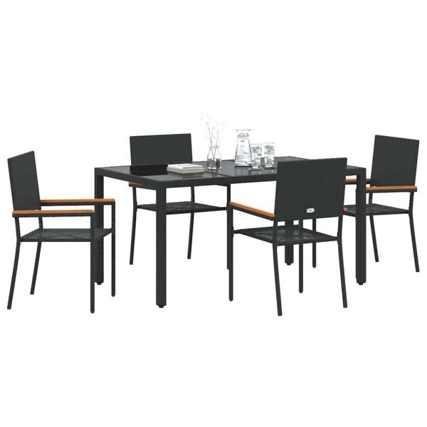 5-teiliges Garten Esszimmer Set Schwarz Poly-Rattan, Stapelbare Gartenstühle mit Kissen - 2-teiliges Set in Schwarz Poly-Rattan