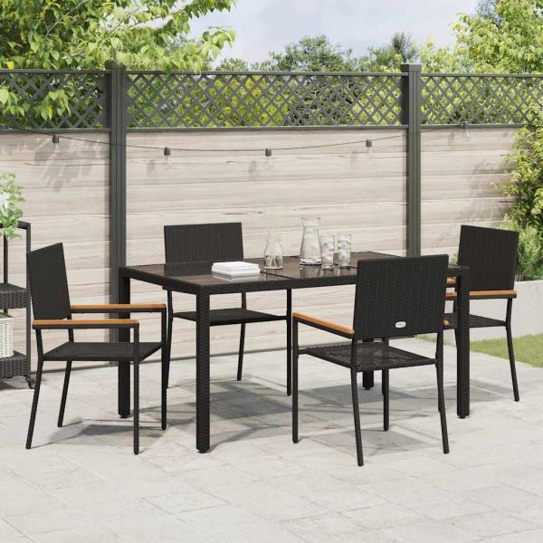 5-teiliges Garten Esszimmer Set Schwarz Poly-Rattan, Stapelbare Gartenstühle mit Kissen - 2-teiliges Set in Schwarz Poly-Rattan