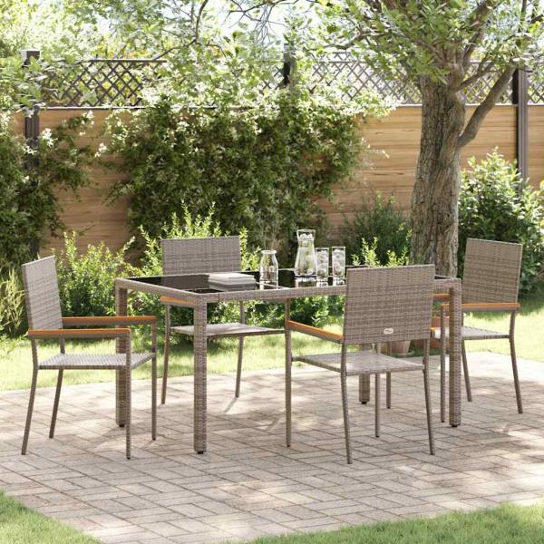 ARDEBO.de - 5-teilige Garten Essgruppe Grau Poly-Rattan, Stapelgartenstühle mit Kissen 2 Stk Grau Poly-Rattan