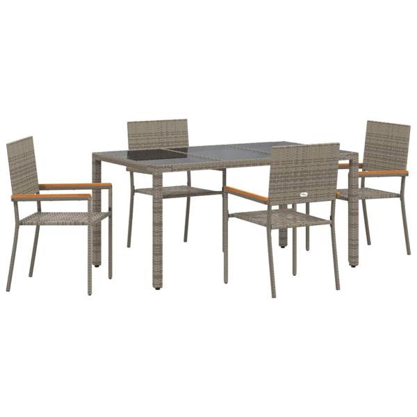 5-teilige Garten Essgruppe Grau Poly-Rattan, Stapelgartenstühle mit Kissen 2 Stk Grau Poly-Rattan