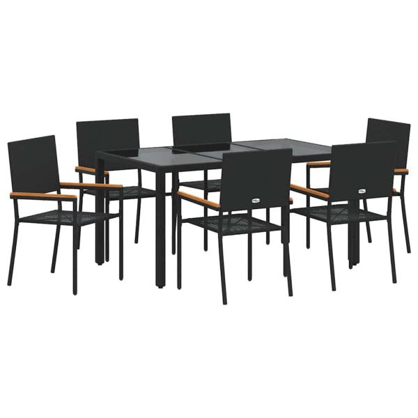 7-teiliges Garten-Esszimmer Set Schwarzes Poly-Rattan, Stapelbare Gartenstühle mit Kissen - 2-teiliges Set in Schwarz Poly-Rattan