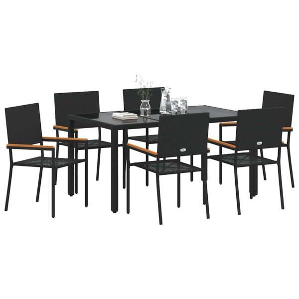 7-teiliges Garten-Esszimmer Set Schwarzes Poly-Rattan, Stapelbare Gartenstühle mit Kissen - 2-teiliges Set in Schwarz Poly-Rattan