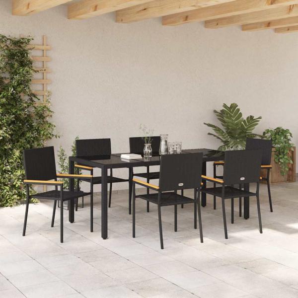 7-teiliges Garten-Esszimmer Set Schwarzes Poly-Rattan, Stapelbare Gartenstühle mit Kissen - 2-teiliges Set in Schwarz Poly-Rattan