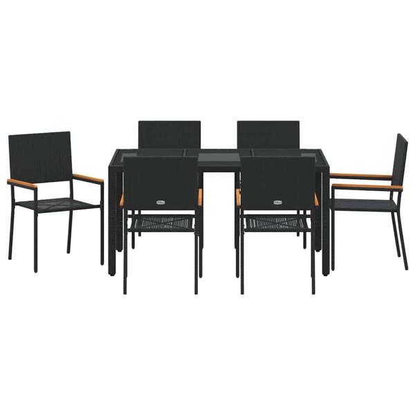 7-teiliges Garten-Esszimmer Set Schwarzes Poly-Rattan, Stapelbare Gartenstühle mit Kissen - 2-teiliges Set in Schwarz Poly-Rattan