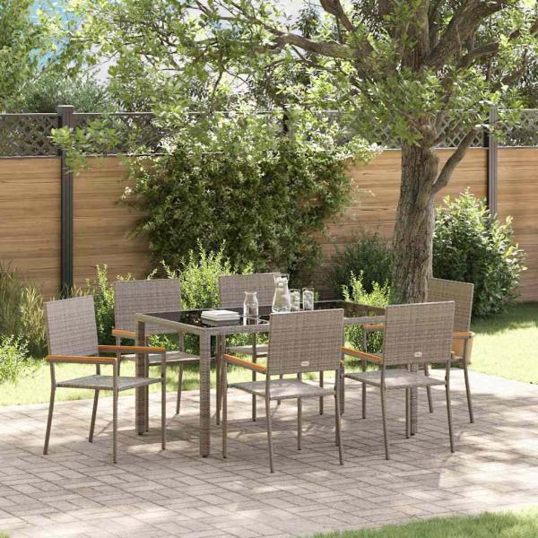 ARDEBO.de - 7-teiliges Garten Esszimmer Set Grau Poly Rattan, Stapelbare Gartenstühle mit Kissen 2 Stück Grau Poly Rattan