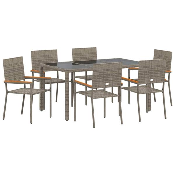 7-teiliges Garten Esszimmer Set Grau Poly Rattan, Stapelbare Gartenstühle mit Kissen 2 Stück Grau Poly Rattan