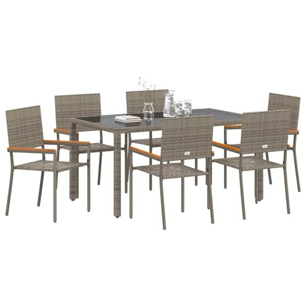 7-teiliges Garten Esszimmer Set Grau Poly Rattan, Stapelbare Gartenstühle mit Kissen 2 Stück Grau Poly Rattan