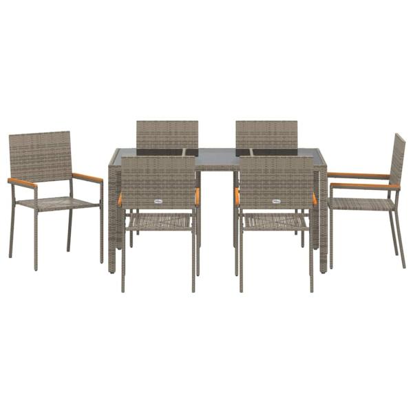7-teiliges Garten Esszimmer Set Grau Poly Rattan, Stapelbare Gartenstühle mit Kissen 2 Stück Grau Poly Rattan