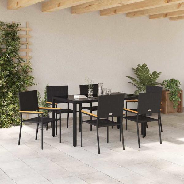 7-teiliges Garten Esstischset Schwarz Poly-Rattan, Stapelbare Gartenstühle mit Kissen - 2-teiliges Set in Schwarz Poly-Rattan