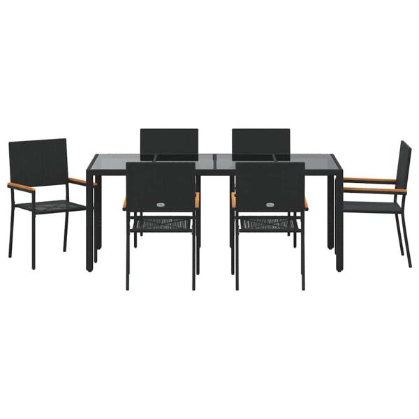 7-teiliges Garten Esstischset Schwarz Poly-Rattan, Stapelbare Gartenstühle mit Kissen - 2-teiliges Set in Schwarz Poly-Rattan