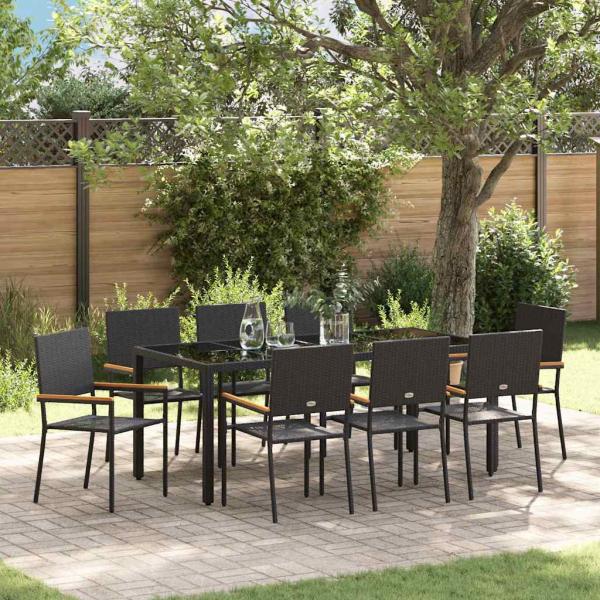 ARDEBO.de - 9-teiliges Garten Essset Schwarzes Poly Rattan, Stapelbare Gartenstühle mit Kissen - 2-teiliges Set in Schwarz Poly Rattan