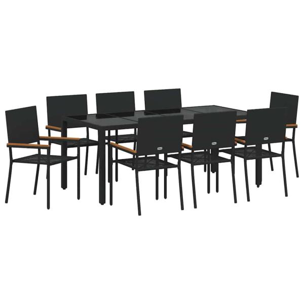 9-teiliges Garten Essset Schwarzes Poly Rattan, Stapelbare Gartenstühle mit Kissen - 2-teiliges Set in Schwarz Poly Rattan