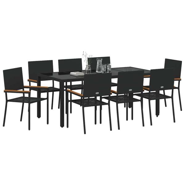9-teiliges Garten Essset Schwarzes Poly Rattan, Stapelbare Gartenstühle mit Kissen - 2-teiliges Set in Schwarz Poly Rattan