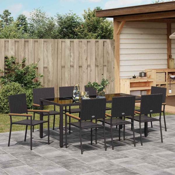 9-teiliges Garten Essset Schwarzes Poly Rattan, Stapelbare Gartenstühle mit Kissen - 2-teiliges Set in Schwarz Poly Rattan