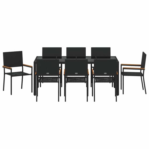 9-teiliges Garten Essset Schwarzes Poly Rattan, Stapelbare Gartenstühle mit Kissen - 2-teiliges Set in Schwarz Poly Rattan