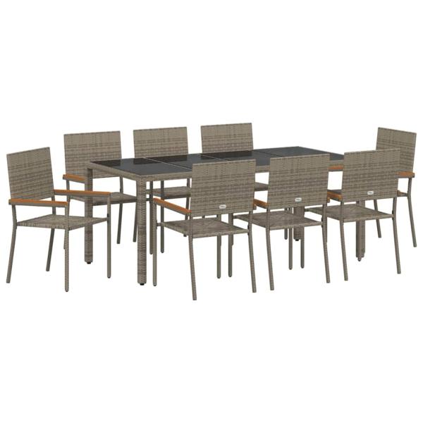 9-teiliges Garten Essset Grau Poly Rattan, Stapelbare Gartenstühle mit Polstern 2 Stück Grau Poly Rattan