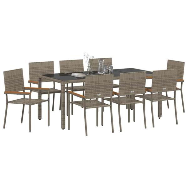 9-teiliges Garten Essset Grau Poly Rattan, Stapelbare Gartenstühle mit Polstern 2 Stück Grau Poly Rattan
