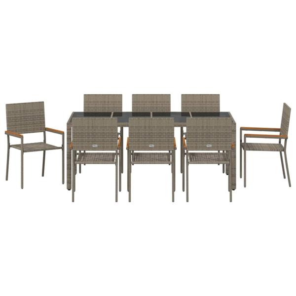 9-teiliges Garten Essset Grau Poly Rattan, Stapelbare Gartenstühle mit Polstern 2 Stück Grau Poly Rattan