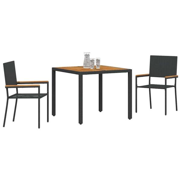 3-teiliges Garten Essset Schwarzes Poly-Rattan, Stapelbare Gartenstühle mit Kissen - 2-teiliges Set in Schwarz Poly-Rattan