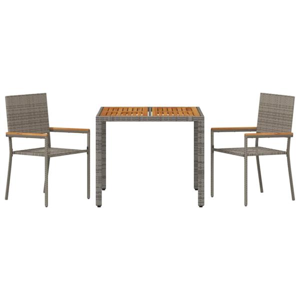 3-teilige Garten Essgruppe Graues Poly Rattan, Stapelbare Gartenstühle mit Kissen 2 Stück Graues Poly Rattan