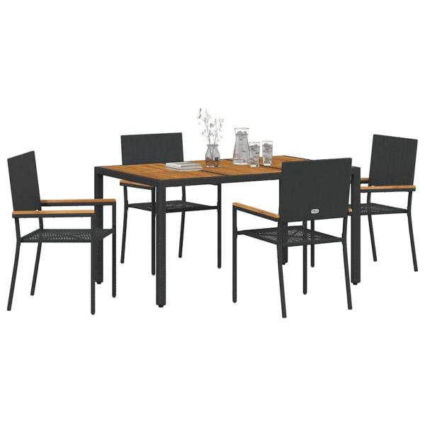 5-teiliges Garten Essset Schwarzes Poly-Rattan, Stapelbare Gartenstühle mit Kissen - 2-teiliges Set in Schwarz Poly-Rattan