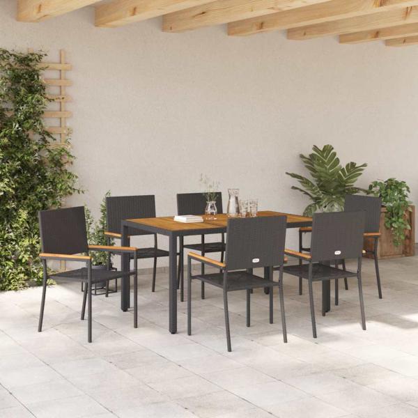 7-teiliges Garten Esszimmer Set Schwarz Poly Rattan, Stapelbare Gartenstühle mit Kissen - 2-teiliges Set in Schwarz Poly Rattan