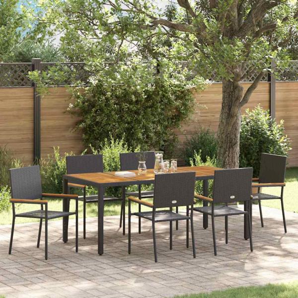 ARDEBO.de - 7-teilige Garten Essgruppe Schwarz Poly-Rattan, Stapelbare Gartenstühle mit Kissen - 2-teiliges Set in Schwarz Poly-Rattan