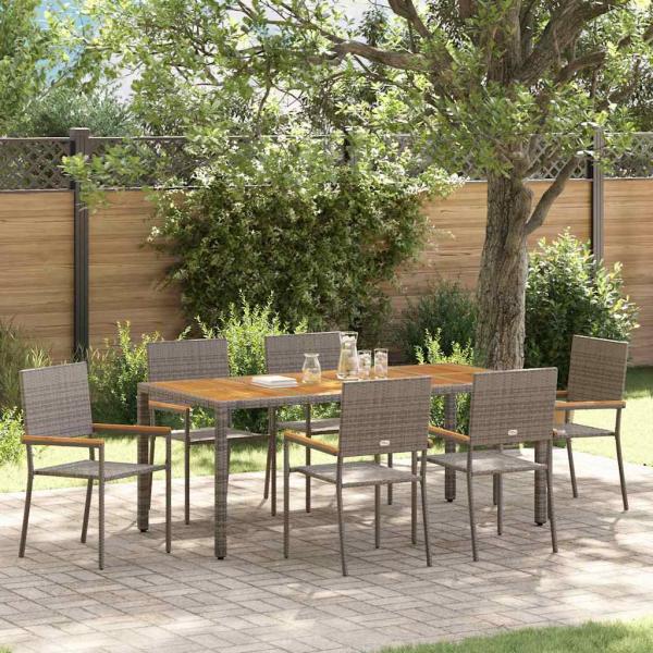 ARDEBO.de - 7-teiliges Garten Esszimmer Set Grau Poly Rattan, stapelbare Gartenstühle mit Kissen 2 Stück Grau Poly Rattan