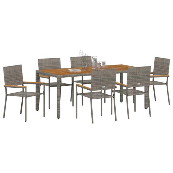 7-teiliges Garten Esszimmer Set Grau Poly Rattan, stapelbare Gartenstühle mit Kissen 2 Stück Grau Poly Rattan