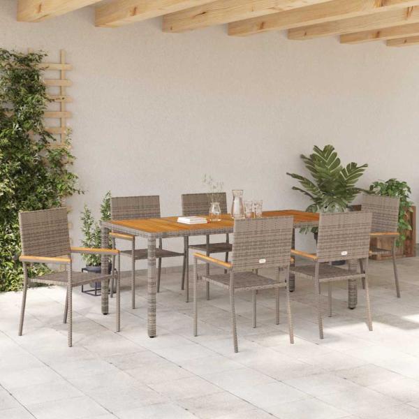 7-teiliges Garten Esszimmer Set Grau Poly Rattan, stapelbare Gartenstühle mit Kissen 2 Stück Grau Poly Rattan