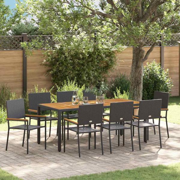 ARDEBO.de - 9-teiliges Garten-Esstisch-Set Schwarz Poly-Rattan, Stapelgartenstühle mit Kissen - 2-teiliges Set in Schwarz Poly-Rattan