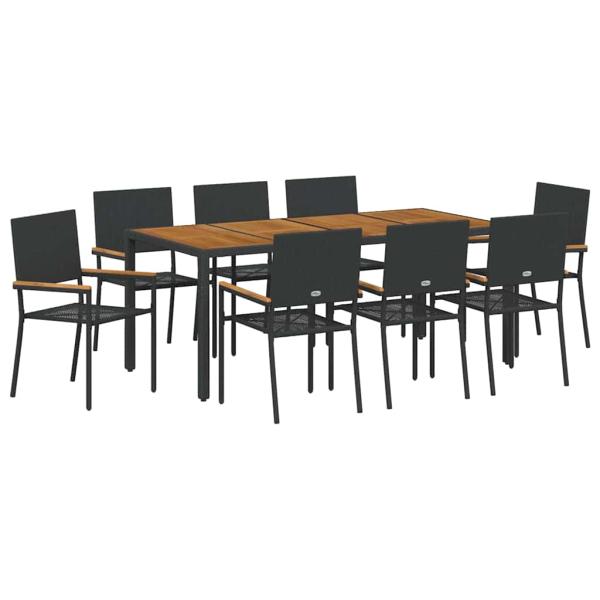 9-teiliges Garten-Esstisch-Set Schwarz Poly-Rattan, Stapelgartenstühle mit Kissen - 2-teiliges Set in Schwarz Poly-Rattan