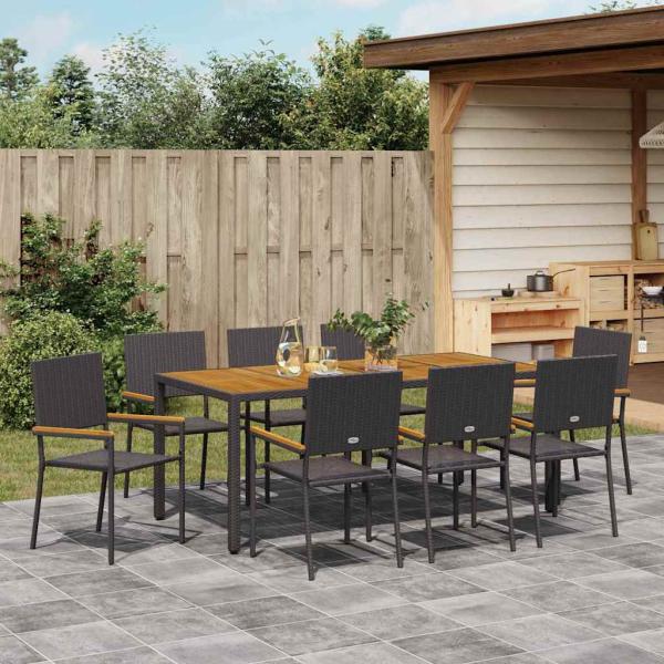 9-teiliges Garten-Esstisch-Set Schwarz Poly-Rattan, Stapelgartenstühle mit Kissen - 2-teiliges Set in Schwarz Poly-Rattan