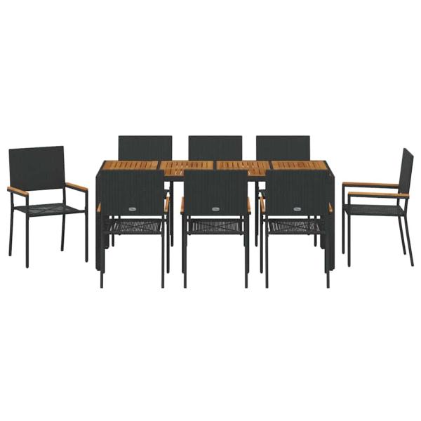 9-teiliges Garten-Esstisch-Set Schwarz Poly-Rattan, Stapelgartenstühle mit Kissen - 2-teiliges Set in Schwarz Poly-Rattan