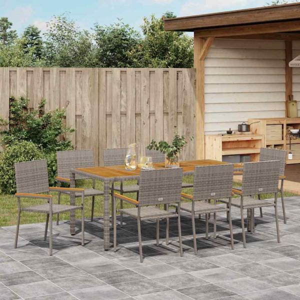 9-teiliges Garten Essset Grau Poly Rattan, Stapelbare Gartenstühle mit Kissen 2 Stück Grau Poly Rattan