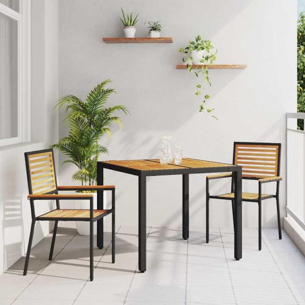 ARDEBO.de - 3-teiliges Garten Essset Schwarz Poly Rattan Akazie, Stapelbare Gartenstühle mit Kissen 2 Stück Schwarz Poly Rattan