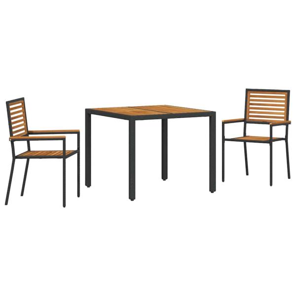3-teiliges Garten Essset Schwarz Poly Rattan Akazie, Stapelbare Gartenstühle mit Kissen 2 Stück Schwarz Poly Rattan