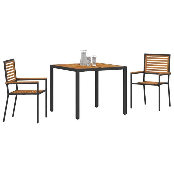 3-teiliges Garten Essset Schwarz Poly Rattan Akazie, Stapelbare Gartenstühle mit Kissen 2 Stück Schwarz Poly Rattan