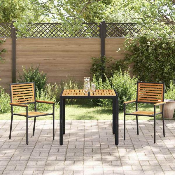 3-teiliges Garten Essset Schwarz Poly Rattan Akazie, Stapelbare Gartenstühle mit Kissen 2 Stück Schwarz Poly Rattan
