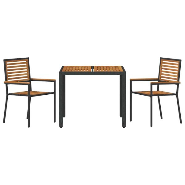 3-teiliges Garten Essset Schwarz Poly Rattan Akazie, Stapelbare Gartenstühle mit Kissen 2 Stück Schwarz Poly Rattan