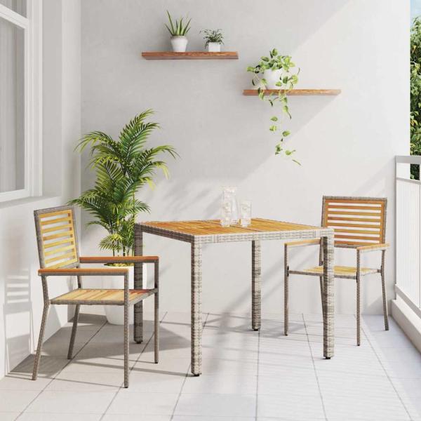 ARDEBO.de - 3-teiliges Garten Esstischset Grau Poly-Rattan Akazie, Stapelbare Gartenstühle mit Kissen 2 Stück Grau Poly-Rattan