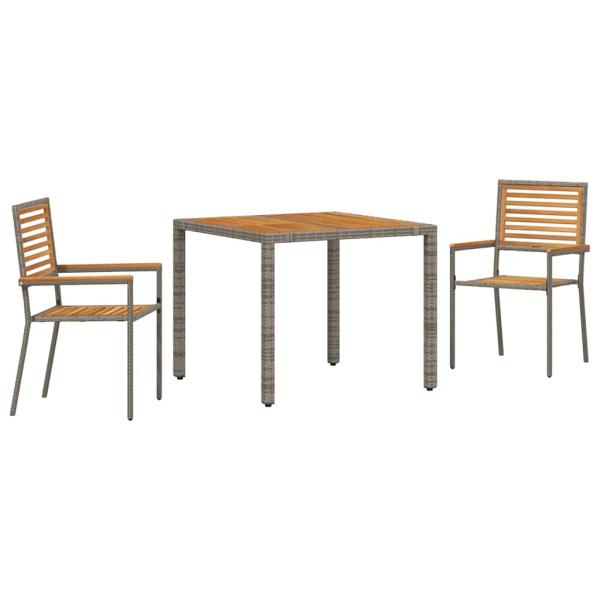 3-teiliges Garten Esstischset Grau Poly-Rattan Akazie, Stapelbare Gartenstühle mit Kissen 2 Stück Grau Poly-Rattan