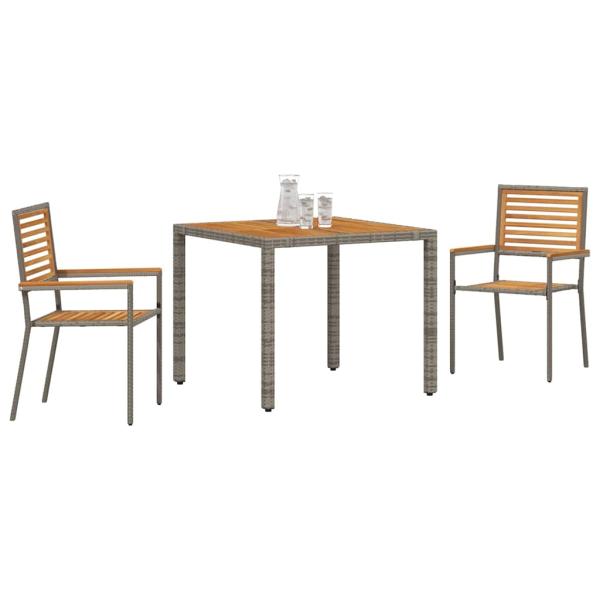 3-teiliges Garten Esstischset Grau Poly-Rattan Akazie, Stapelbare Gartenstühle mit Kissen 2 Stück Grau Poly-Rattan