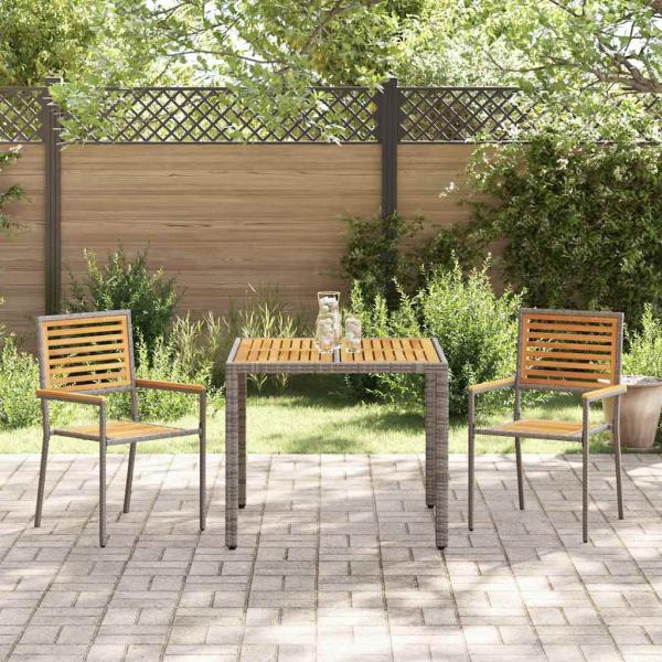 3-teiliges Garten Esstischset Grau Poly-Rattan Akazie, Stapelbare Gartenstühle mit Kissen 2 Stück Grau Poly-Rattan