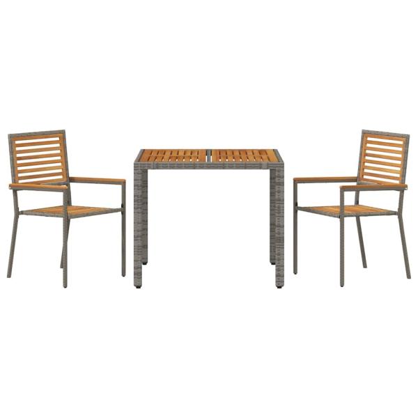 3-teiliges Garten Esstischset Grau Poly-Rattan Akazie, Stapelbare Gartenstühle mit Kissen 2 Stück Grau Poly-Rattan
